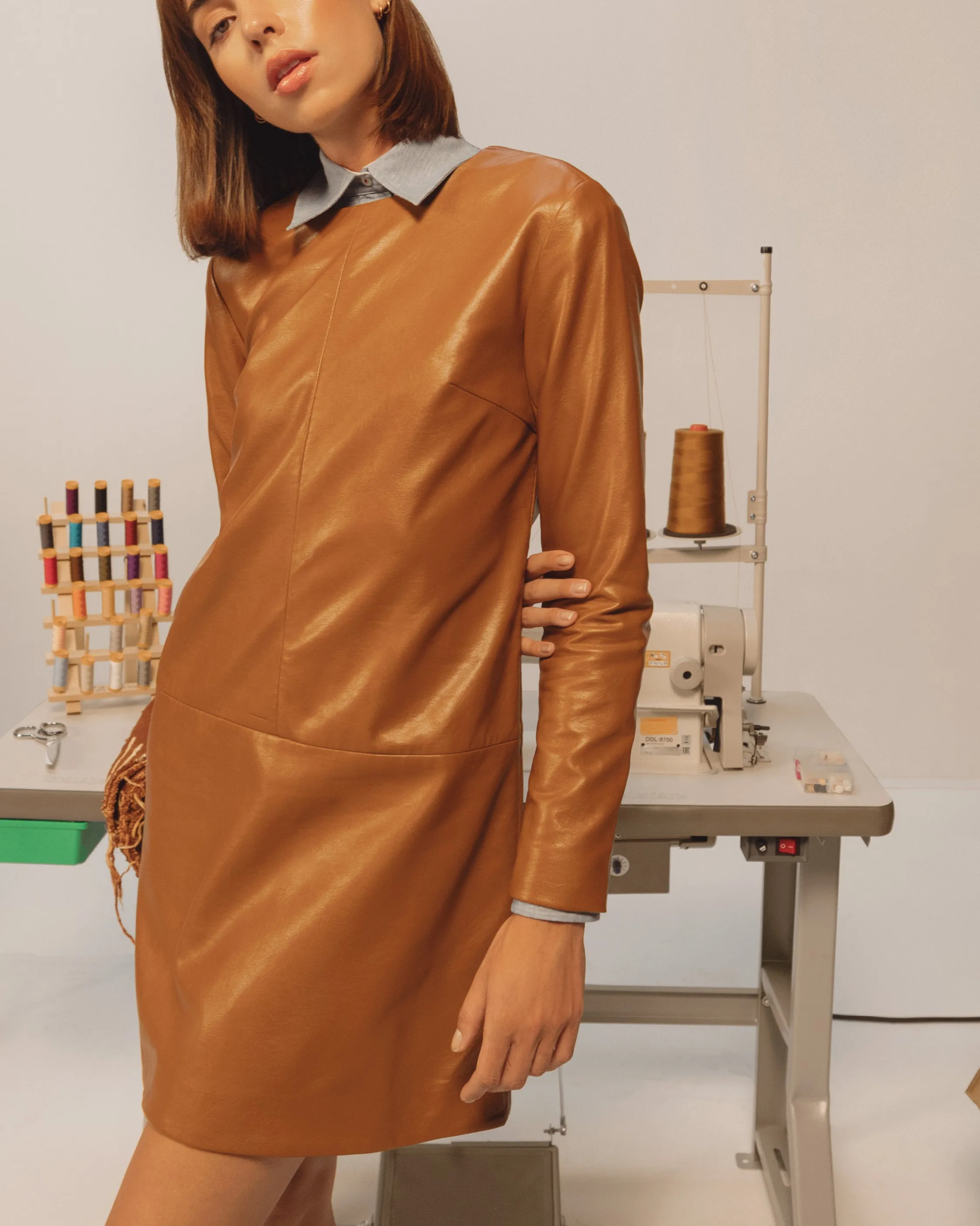 Twiggy Shift Dress in Caramel Faux Leather