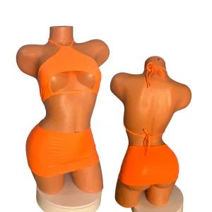 Two piece Halter Mini skirt set Wet look Neon Orange