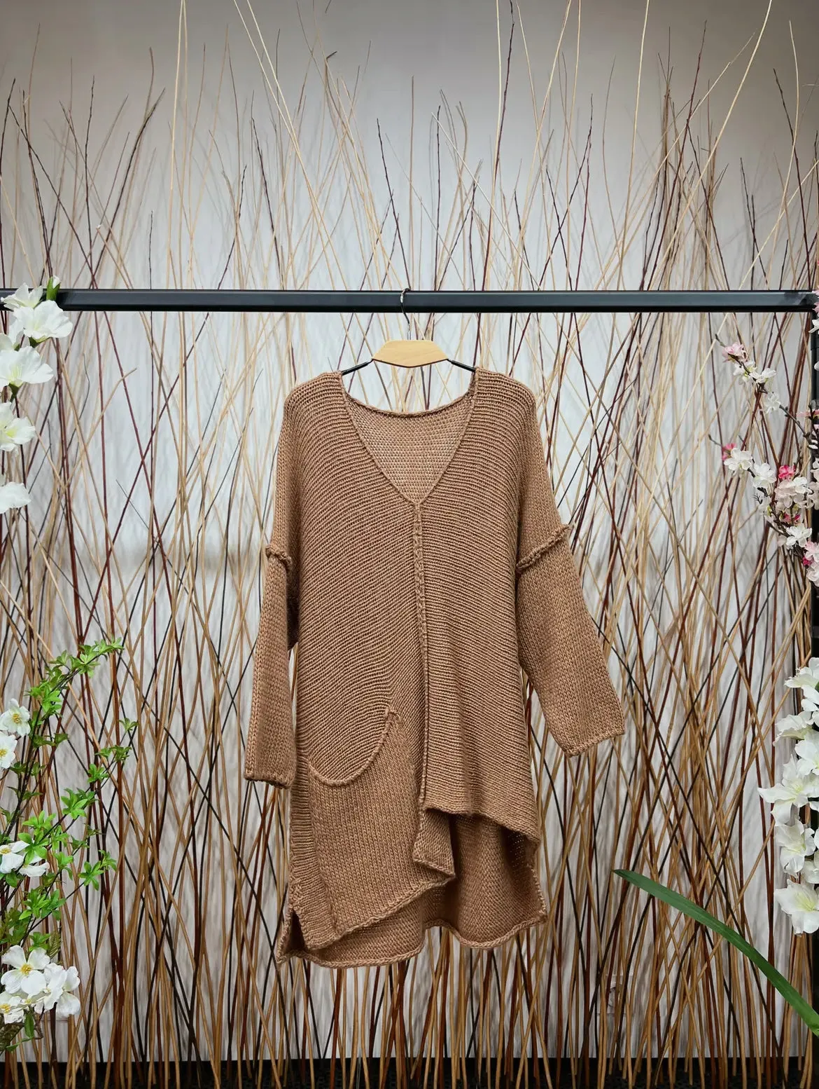 V-Neck Asymmetric Wide Knit Sweater