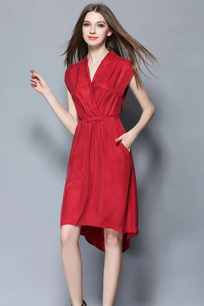 V-neck Cupro Shift Dress With Waist Belt