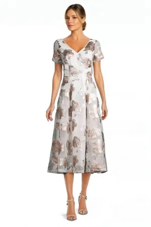 V-Neck Floral Jacquard and Organza Fit & Flare Midi Dress