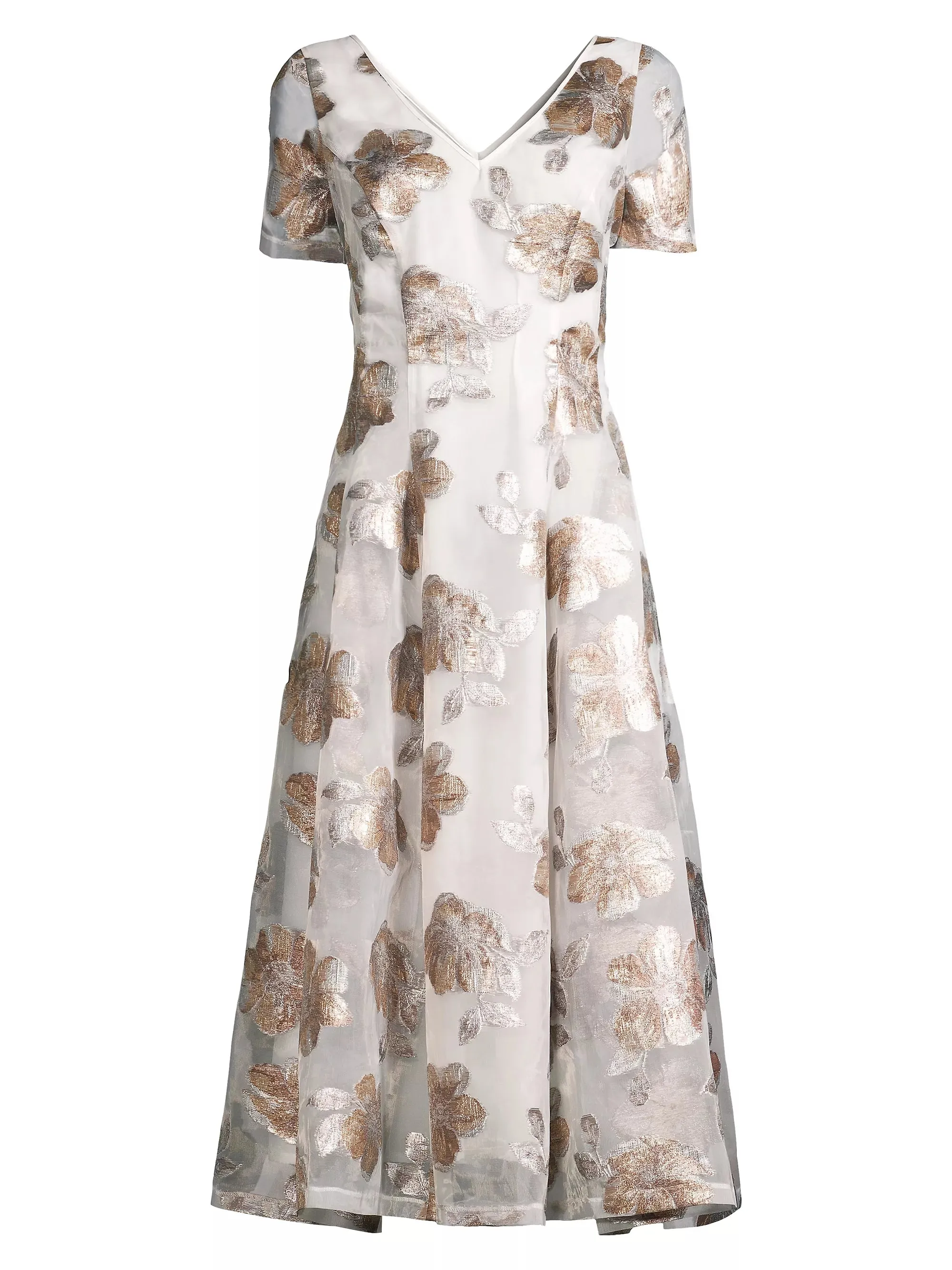 V-Neck Floral Jacquard and Organza Fit & Flare Midi Dress