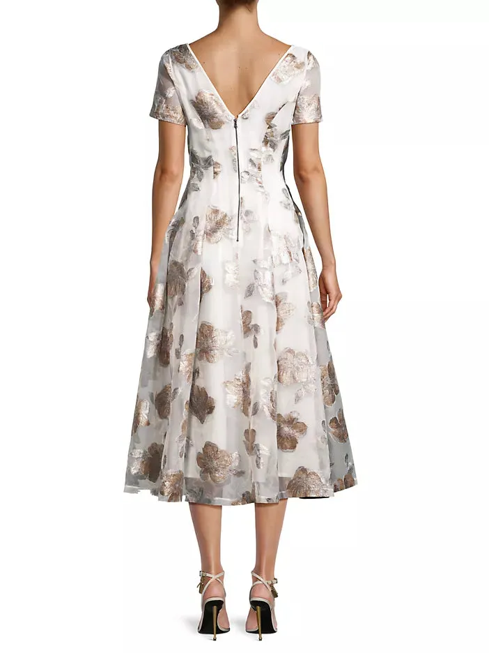 V-Neck Floral Jacquard and Organza Fit & Flare Midi Dress