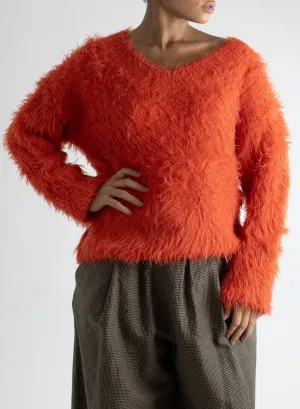 V-Neck Fuzzy Sweater - Flame