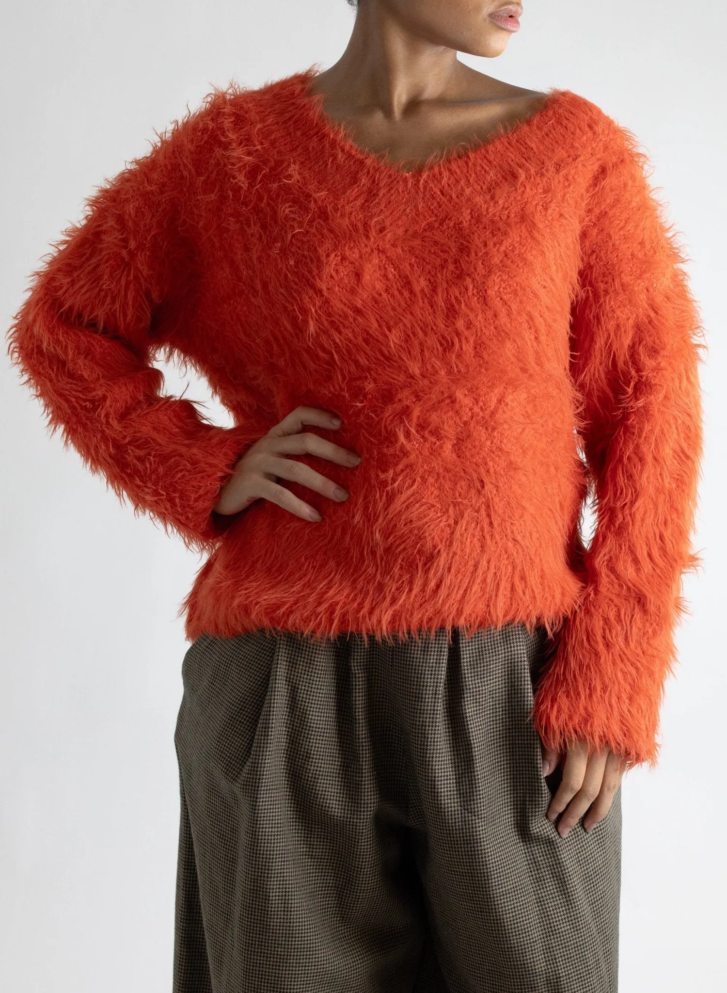 V-Neck Fuzzy Sweater - Flame