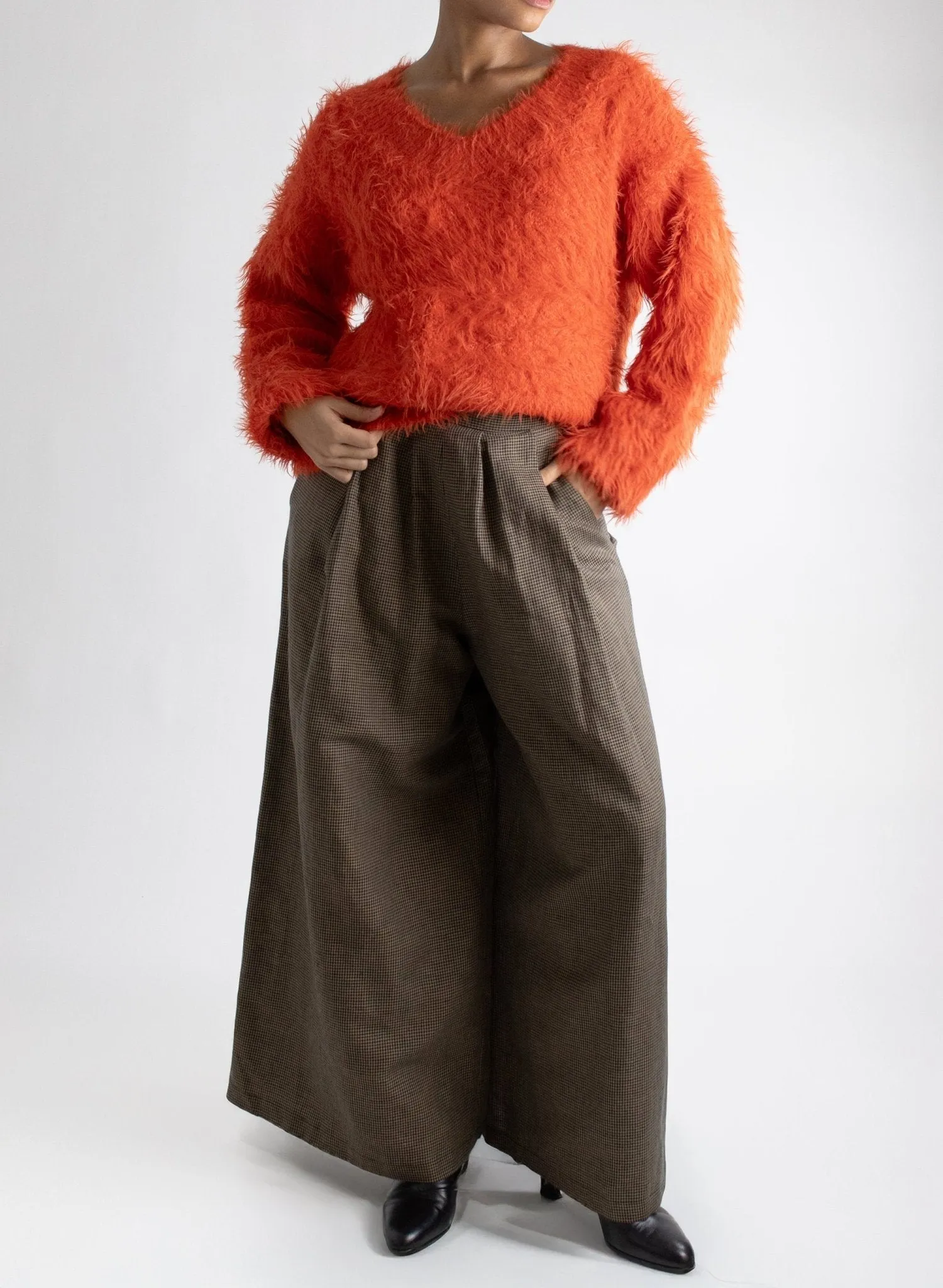 V-Neck Fuzzy Sweater - Flame
