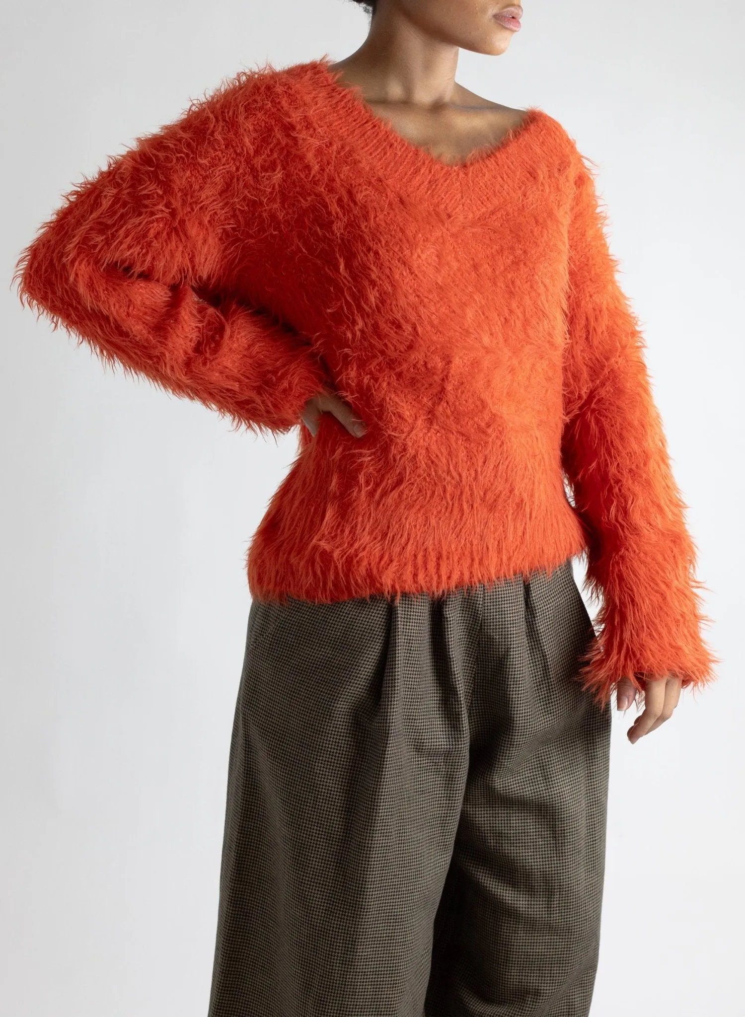 V-Neck Fuzzy Sweater - Flame