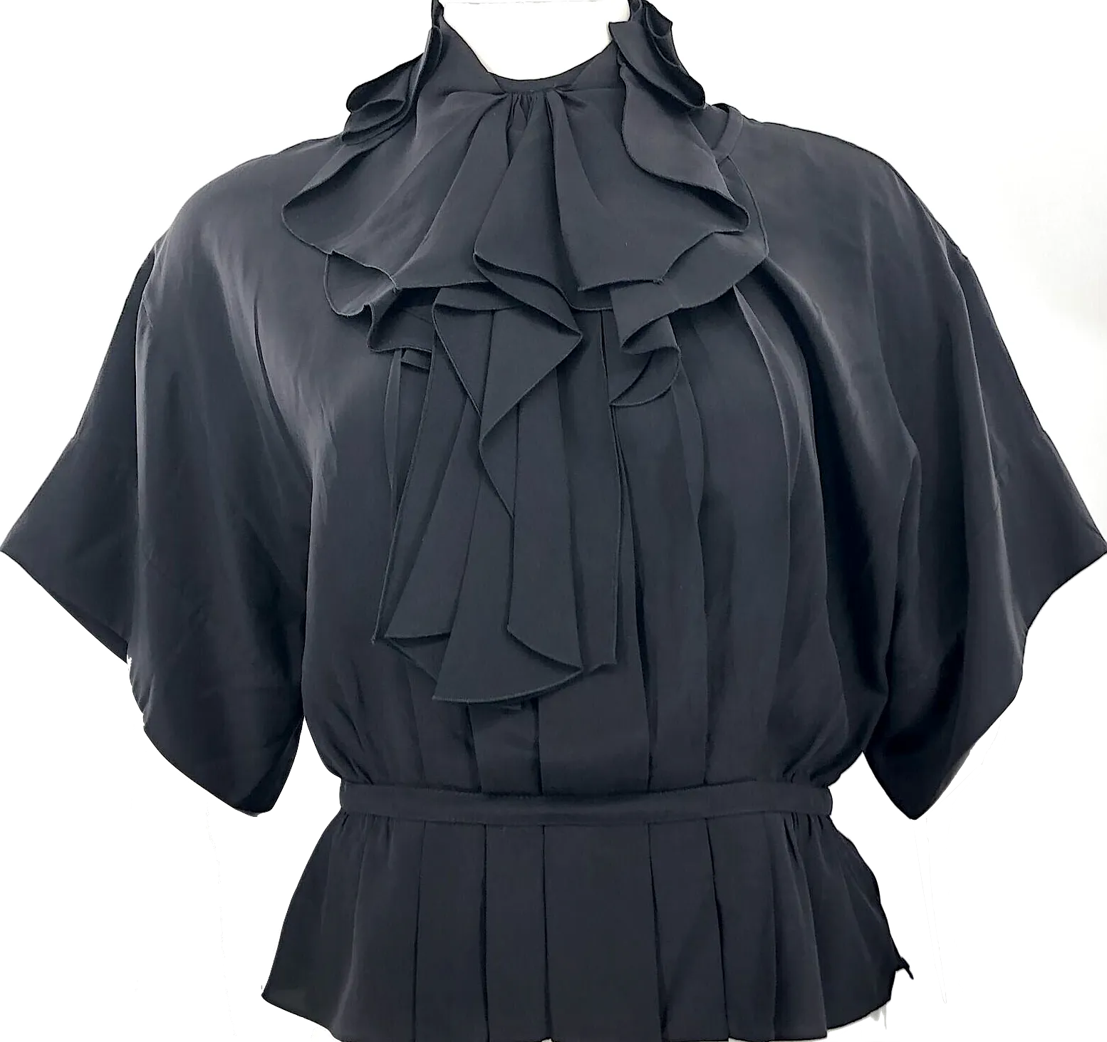 Valentino Italy. Hiver 2008 Black Short Sleeve Ruffle Trim Silk Blouse