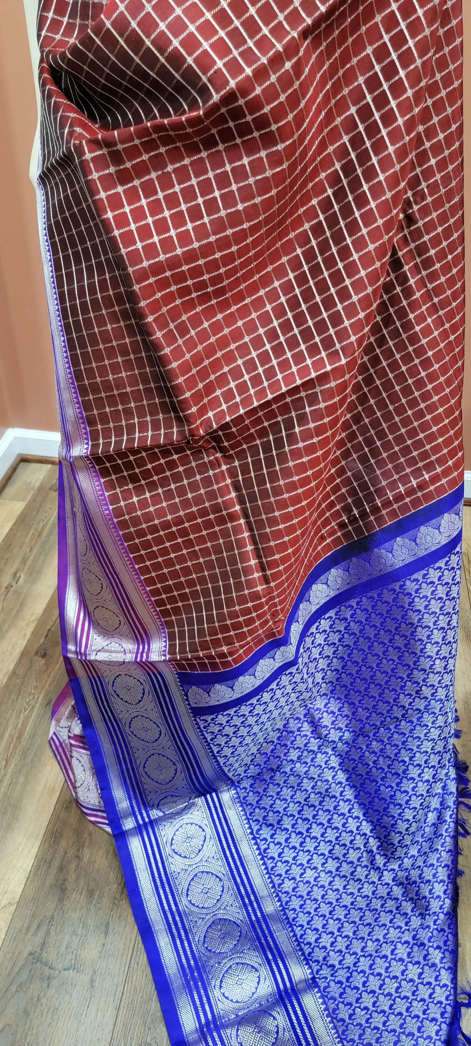 Venkatagiri Silk Saree w/ Blouse in Brown and Blue