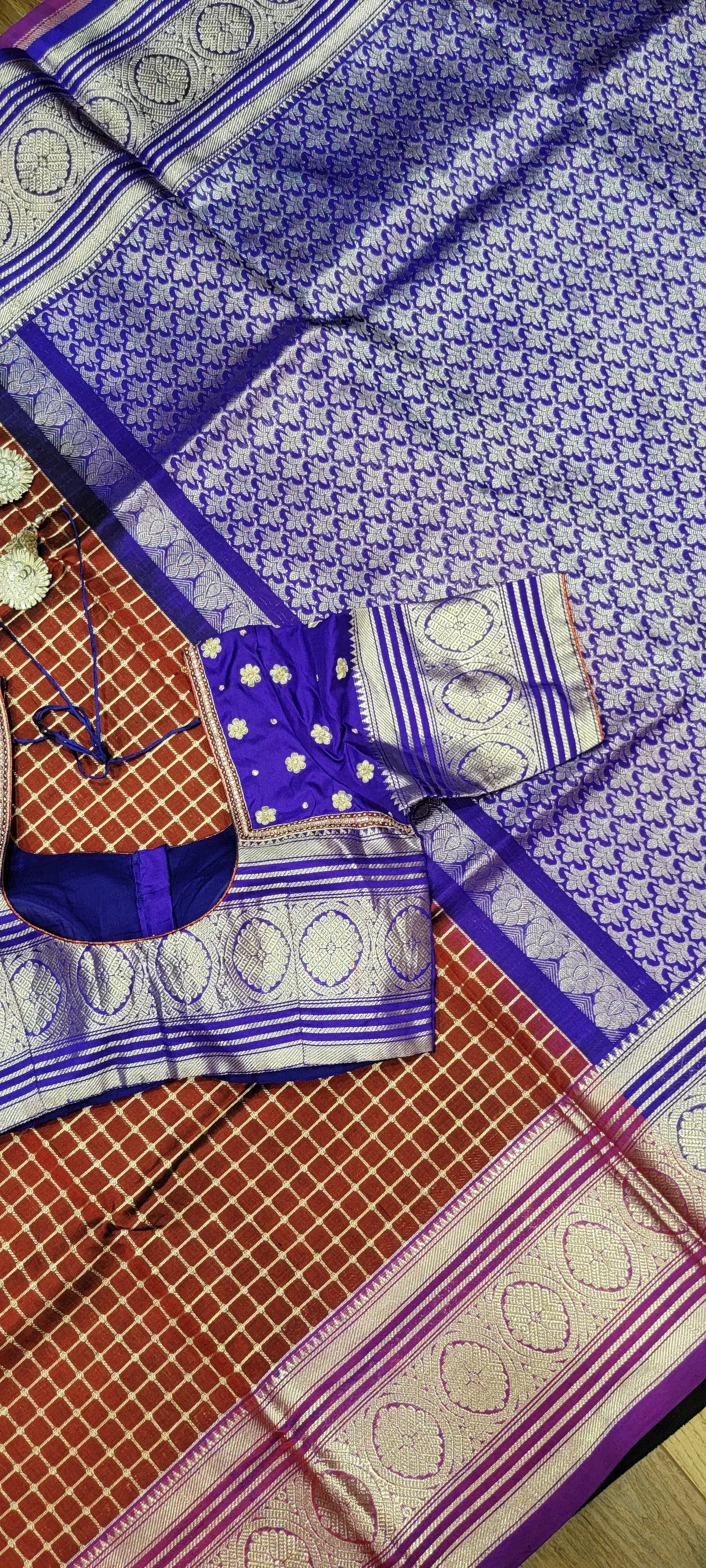 Venkatagiri Silk Saree w/ Blouse in Brown and Blue