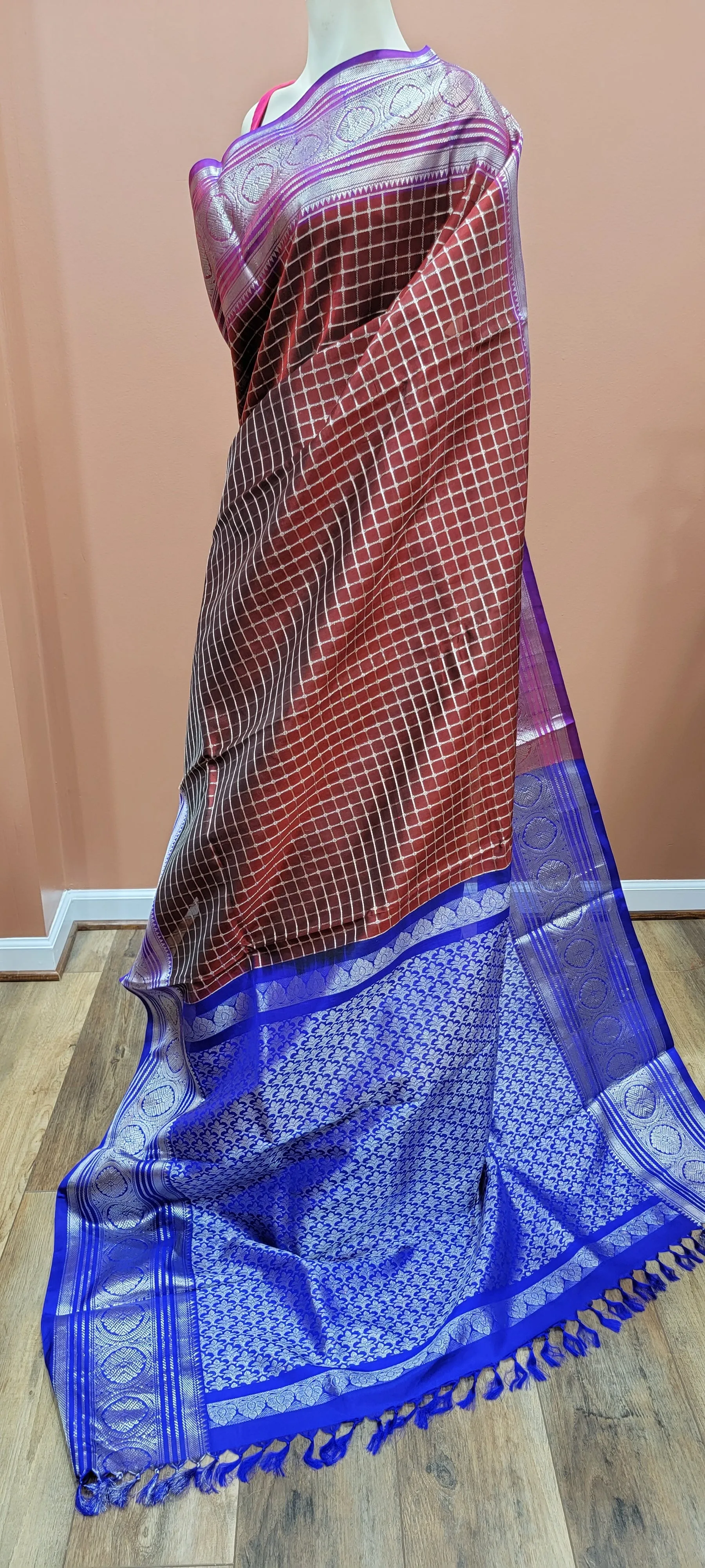 Venkatagiri Silk Saree w/ Blouse in Brown and Blue