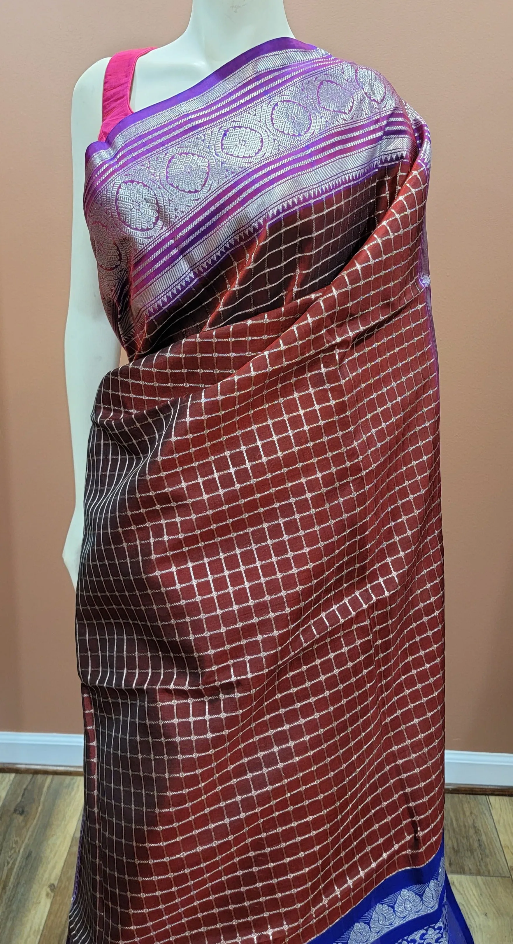 Venkatagiri Silk Saree w/ Blouse in Brown and Blue