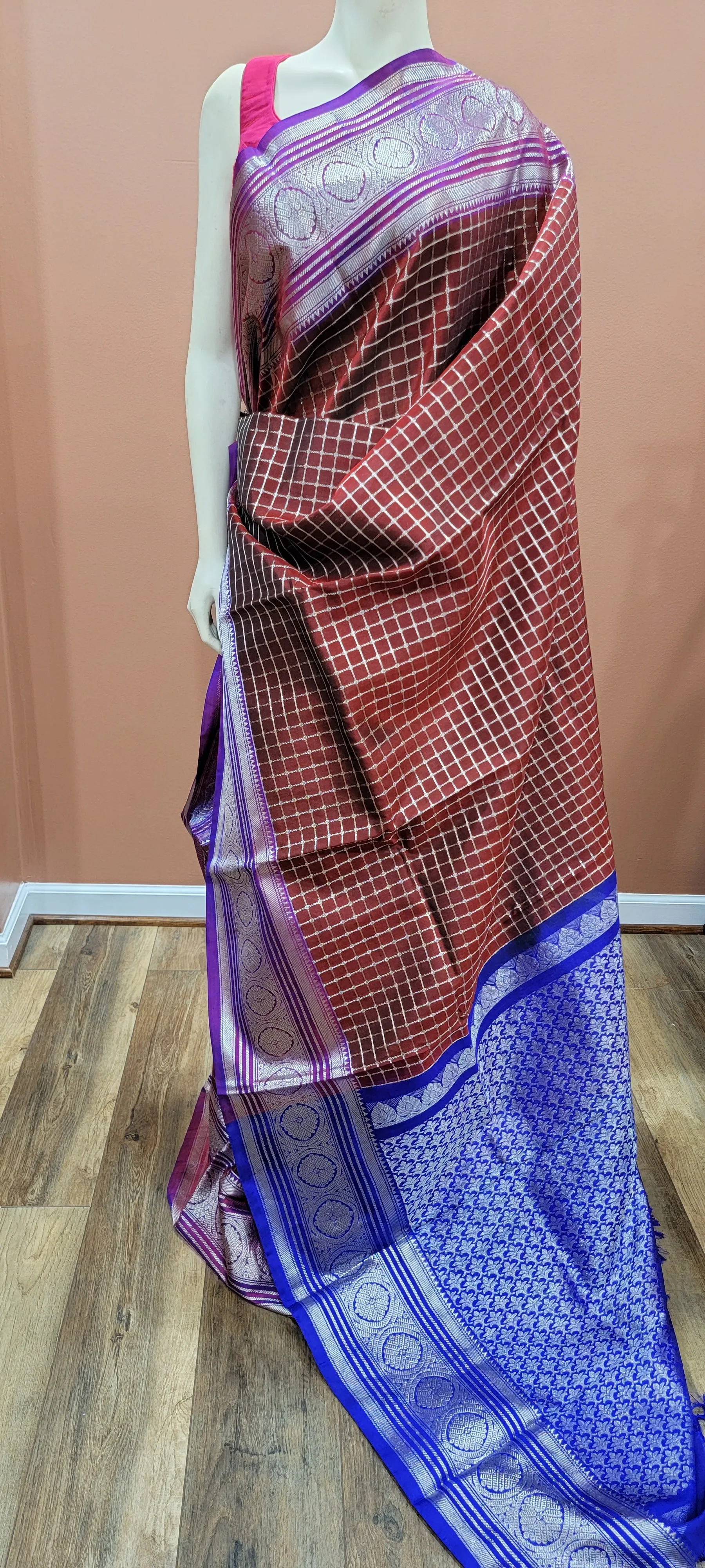 Venkatagiri Silk Saree w/ Blouse in Brown and Blue