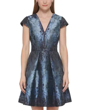 Vince Camuto Womens Metallic Jacquard Cap-Sleeve Dress VC2M3935 Blue 16
