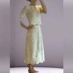 Vintage lace 2 piece shirt and skirt set boho wedding lace and jewel‎ fit size S
