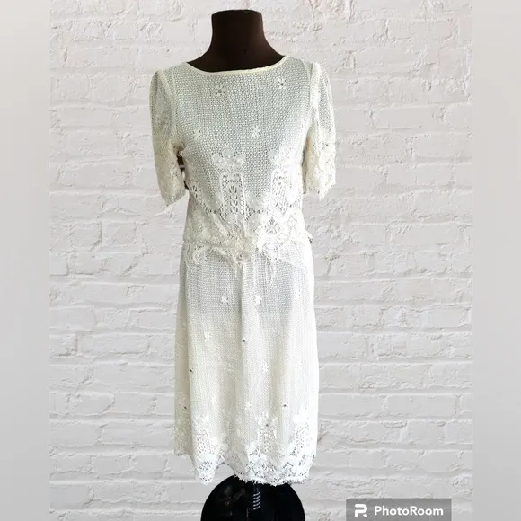 Vintage lace 2 piece shirt and skirt set boho wedding lace and jewel‎ fit size S