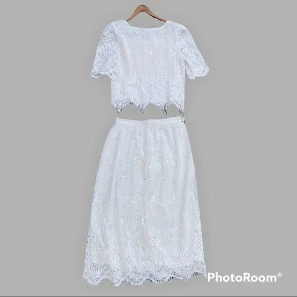 Vintage lace 2 piece shirt and skirt set boho wedding lace and jewel‎ fit size S