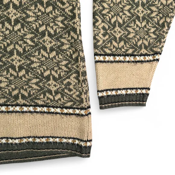 Vintage Sonoma Sweater Womens LARGE Green Black Nordic Knit Snowflake V Neck 90s