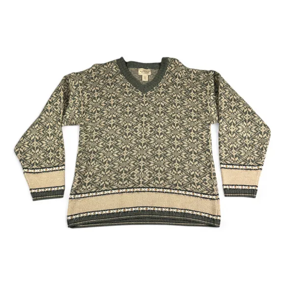 Vintage Sonoma Sweater Womens LARGE Green Black Nordic Knit Snowflake V Neck 90s