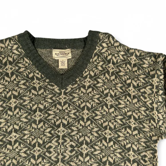 Vintage Sonoma Sweater Womens LARGE Green Black Nordic Knit Snowflake V Neck 90s