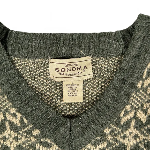 Vintage Sonoma Sweater Womens LARGE Green Black Nordic Knit Snowflake V Neck 90s