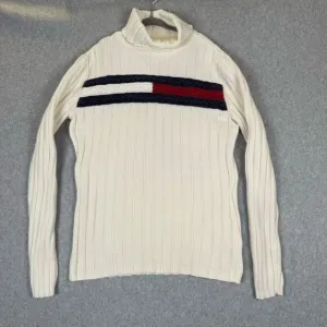 Vintage Y2K Tommy Hilfiger Womens Size Small Turtleneck Sweater White Red Blue