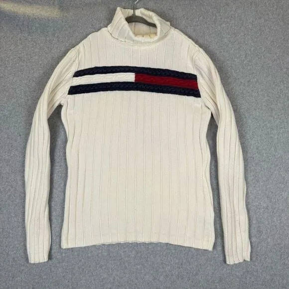 Vintage Y2K Tommy Hilfiger Womens Size Small Turtleneck Sweater White Red Blue