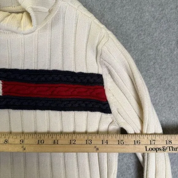 Vintage Y2K Tommy Hilfiger Womens Size Small Turtleneck Sweater White Red Blue