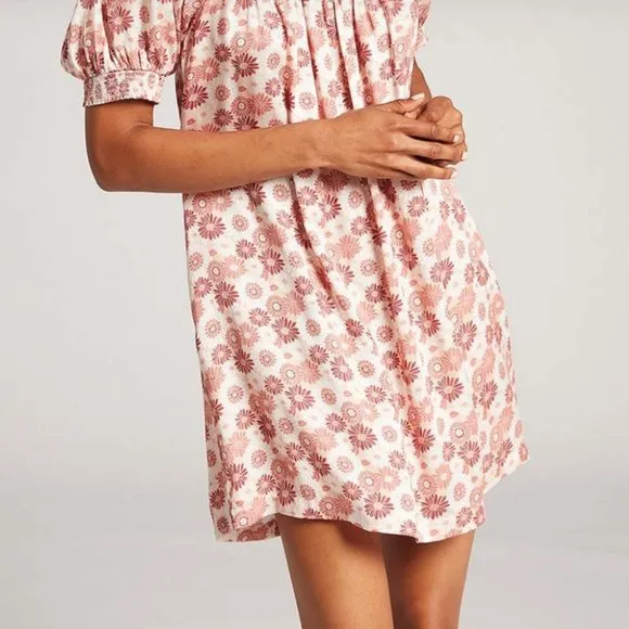 Volcom NWT Mushroom &amp; Red Floral Harley J Smocked Puff Sleeve Shift Dress SMALL