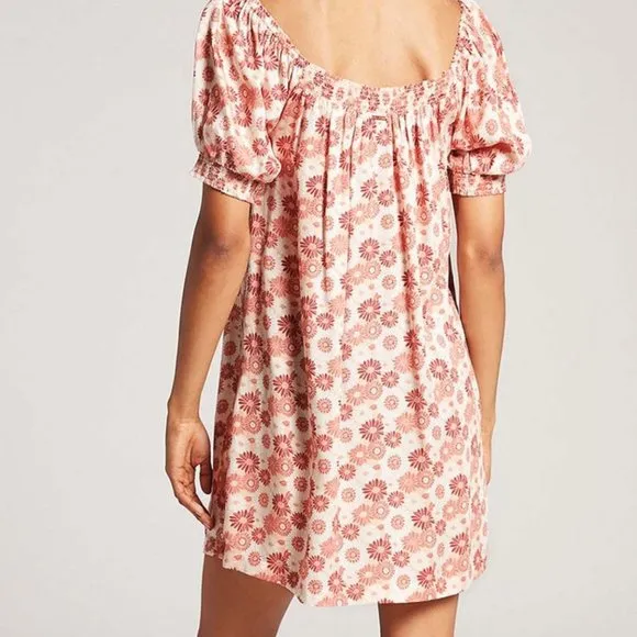 Volcom NWT Mushroom &amp; Red Floral Harley J Smocked Puff Sleeve Shift Dress SMALL