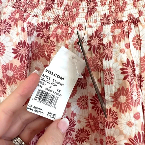 Volcom NWT Mushroom &amp; Red Floral Harley J Smocked Puff Sleeve Shift Dress SMALL