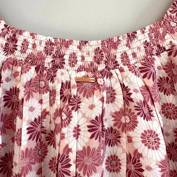 Volcom NWT Mushroom &amp; Red Floral Harley J Smocked Puff Sleeve Shift Dress SMALL