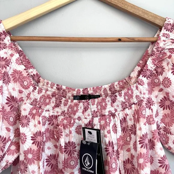 Volcom NWT Mushroom &amp; Red Floral Harley J Smocked Puff Sleeve Shift Dress SMALL