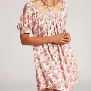 Volcom NWT Mushroom &amp; Red Floral Harley J Smocked Puff Sleeve Shift Dress SMALL