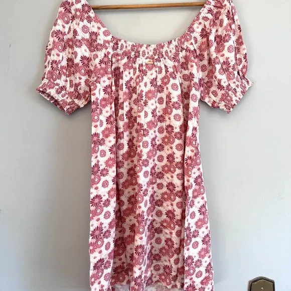 Volcom NWT Mushroom &amp; Red Floral Harley J Smocked Puff Sleeve Shift Dress SMALL