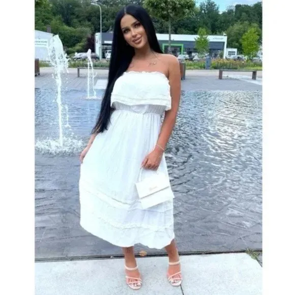 White Strapless Frill Detail Midi Dress