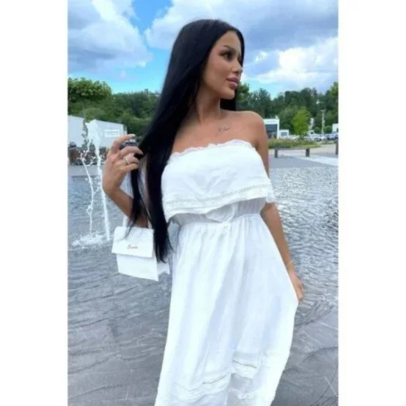 White Strapless Frill Detail Midi Dress