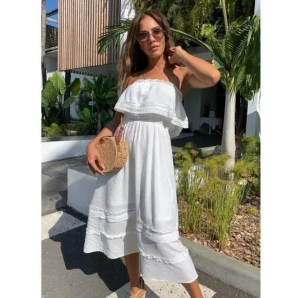 White Strapless Frill Detail Midi Dress