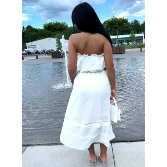 White Strapless Frill Detail Midi Dress