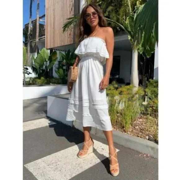 White Strapless Frill Detail Midi Dress