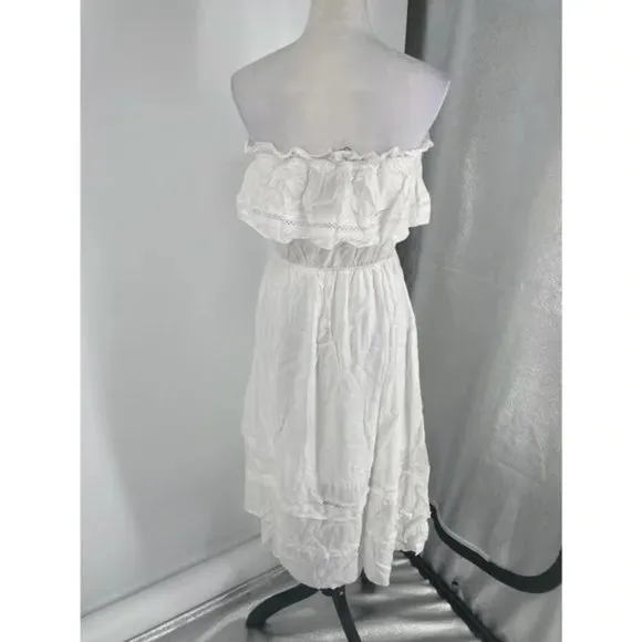 White Strapless Frill Detail Midi Dress