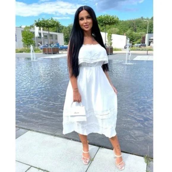 White Strapless Frill Detail Midi Dress