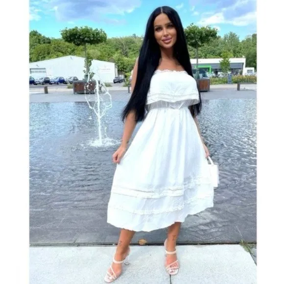 White Strapless Frill Detail Midi Dress