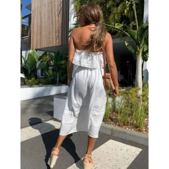 White Strapless Frill Detail Midi Dress