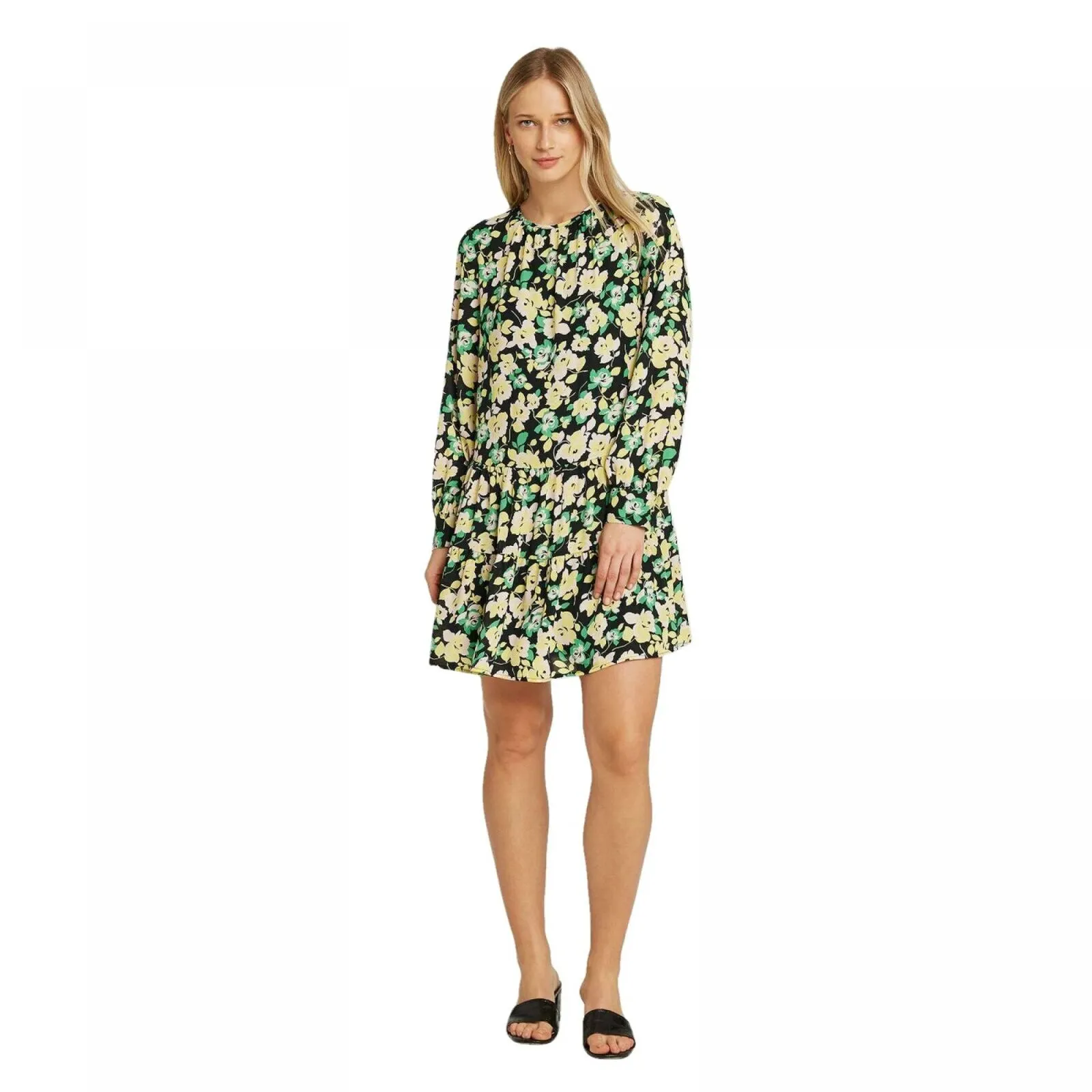 Who What Wear Women's Long Sleeve Round Neck Button Back Tiered Mini Dress