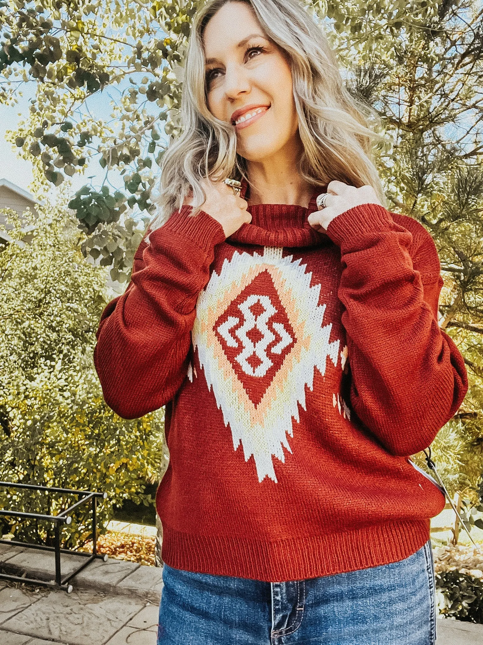 Wine Turtleneck Sweater with Aztec