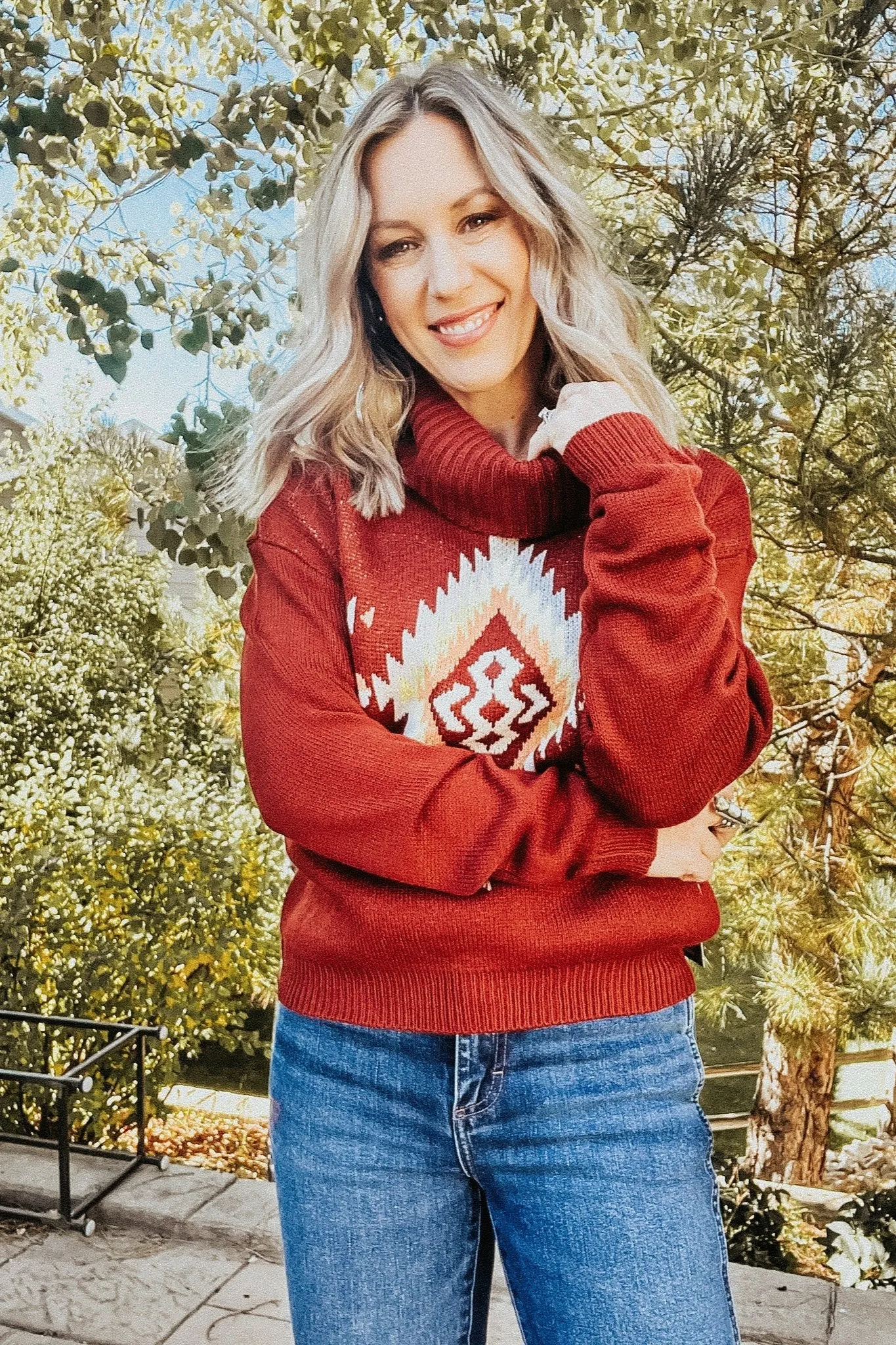 Wine Turtleneck Sweater with Aztec