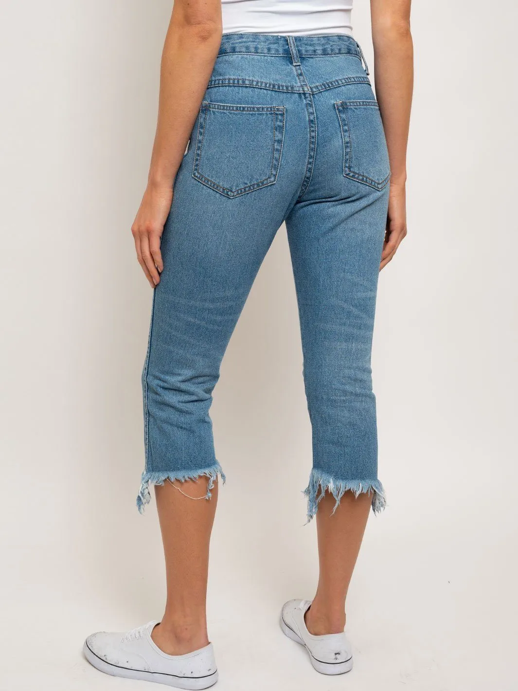 WOMEN'S HIGH RISE DESTROYED MINI BOOTCUT CROP HEM PANTS