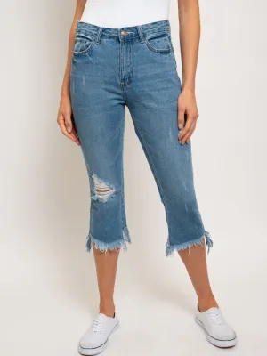 WOMEN'S HIGH RISE DESTROYED MINI BOOTCUT CROP HEM PANTS