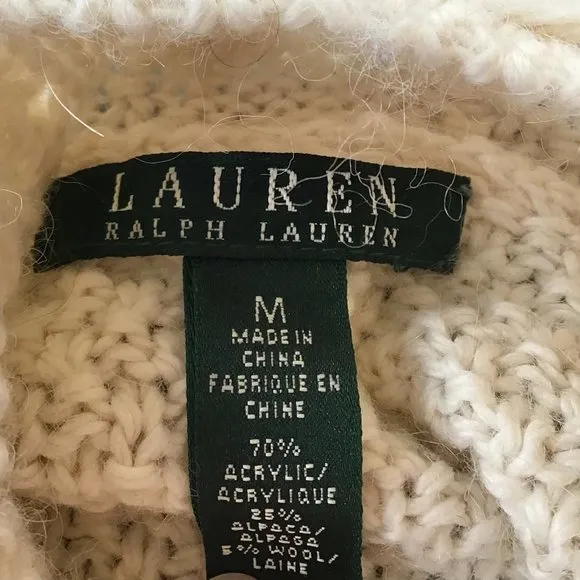 Womens L. Ralph Lauren Chunky Cable Knit Sweater M Ivory Alpaca Wool Preppy L/S